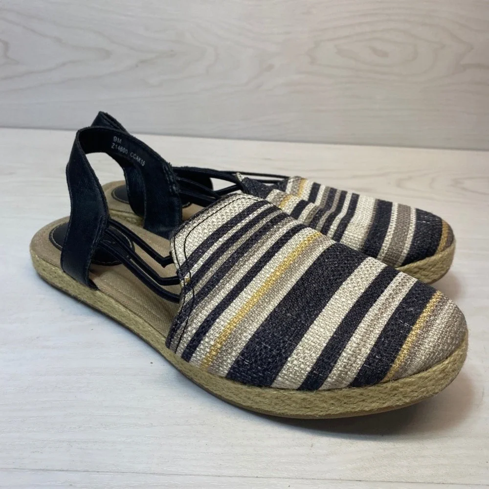 b.o.c. Womens 9 Espadrille Sandals Striped Black Fabric Jute Slingback Flats